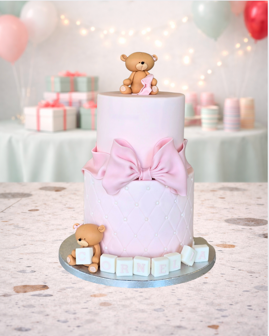 Teddy Bears and Bow Christening Cake