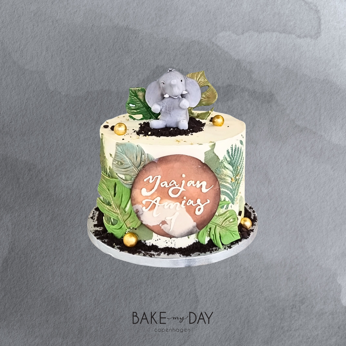 Jungle theme cake - 30 people - 1 tier / Chocolate cake with raspberry cream / White and green with elephant